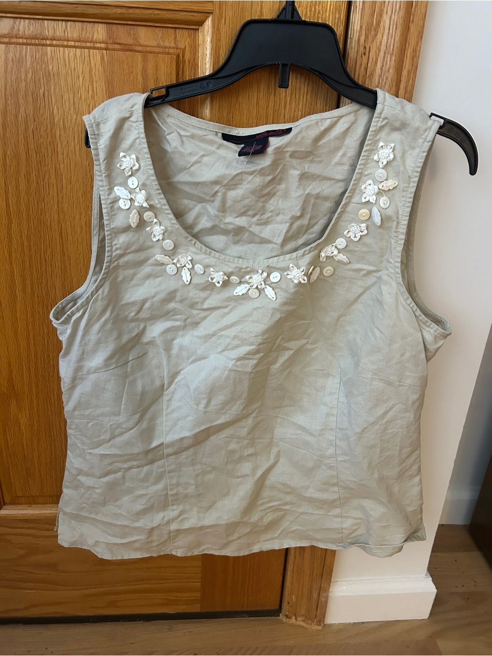 Linen cotton tan beaded top size L